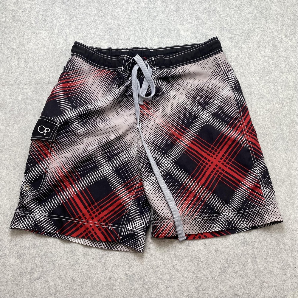 Op Swim Trunks Shorts Mens Medium (34x8) Plaid Board Lined Drawstring Cargo